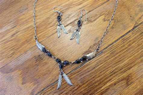 Southwest Feather Set Matching Earrings Necklace Sterling Silver