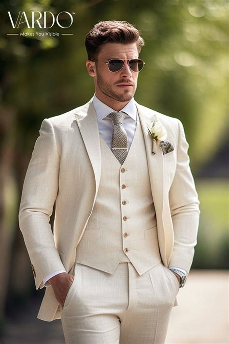 Classic Ivory Linen Three Piece Suit For Men Elegant Wedding Attire