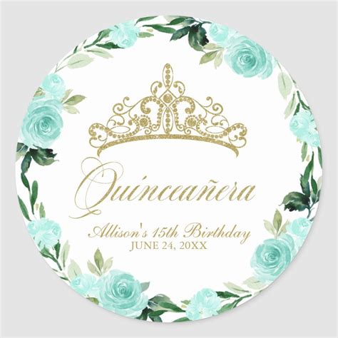 Quinceanera God Glitter Tiara Teal Floral Classic Round Sticker