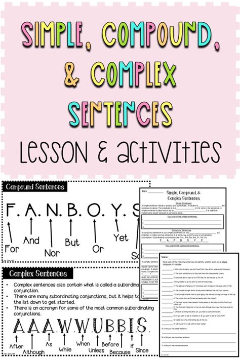 Simple Compound Complex Sentences Lesson Activities Sentence Types