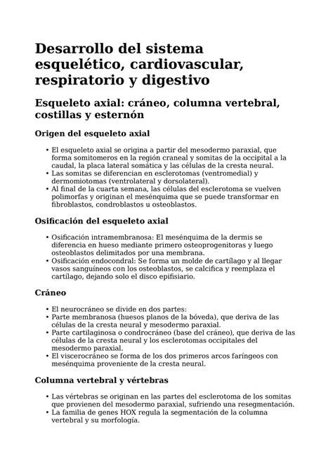 Desarrollo del Sistema Esquelético Cardiovascular Respiratorio y