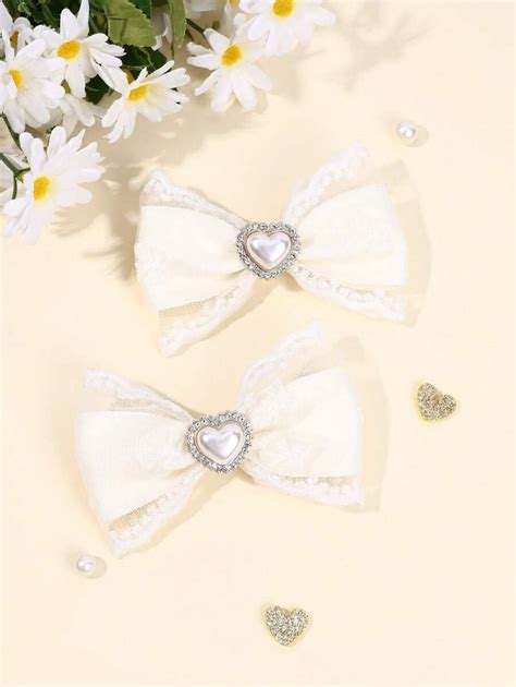 2pcs Heart Faux Pearl Hair Clips For Women White Lace Bow Alligator