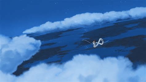 Studio Ghibli Art Two White Swans Floating In The Sky