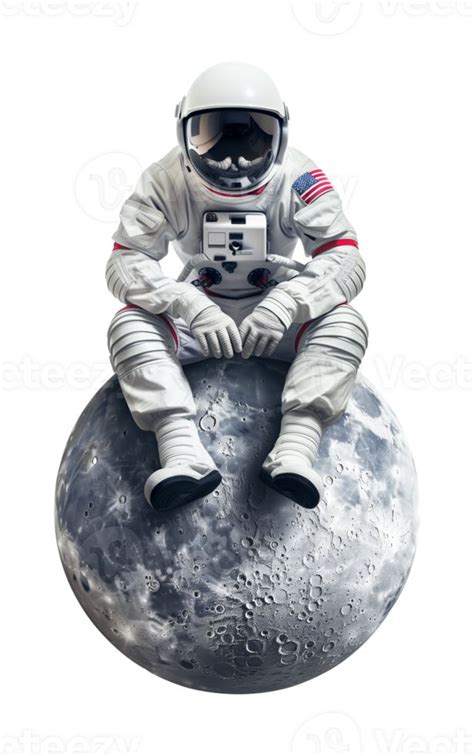 Astronaut Sitting On The Moon Isolated On Transparent Background