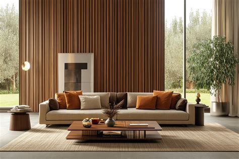 Contemporary Living Room Wall Design With Floor To Ceiling Wooden Wall