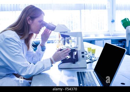 Scientist Working Attentively With Microscope Stock Photo Alamy