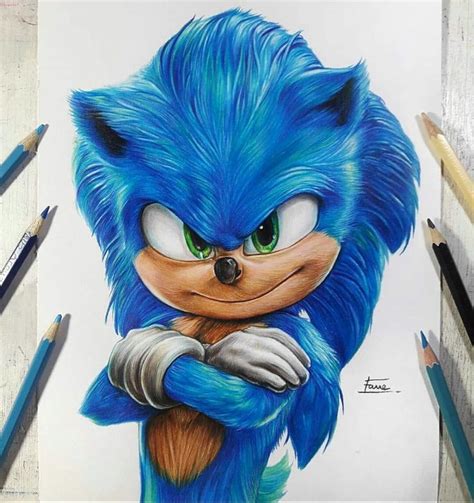 A Drawing Of Sonic The Hedgehog With Colored Pencils