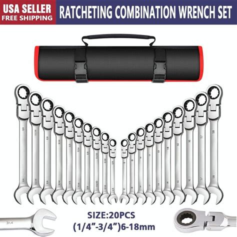 20 Piece SAE And Metric Ratcheting Combination Wrench Set Flex Head