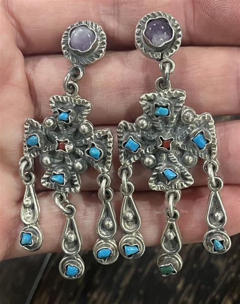 Taxco Mexico Earrings Sterling Amethyst Coral Turquoi Gem