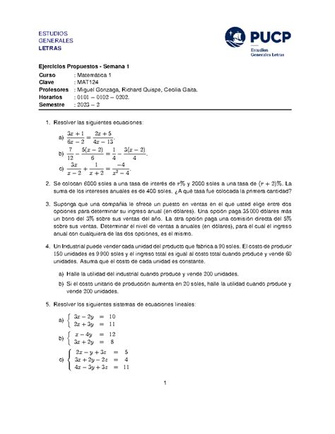 Lista 1 ESTUDIOS GENERALES LETRAS Ejercicios Propuestos Semana 1