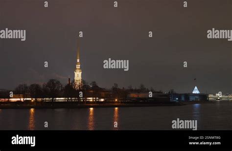 Peter And Paul Fortress Illuminated At Night In St Petersburg Russia