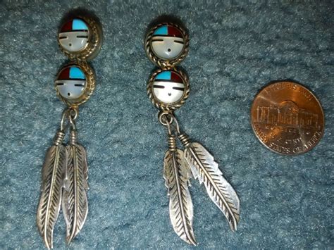 Native American Sterling Silver Coral Turquoise Feather Dangle Earrings