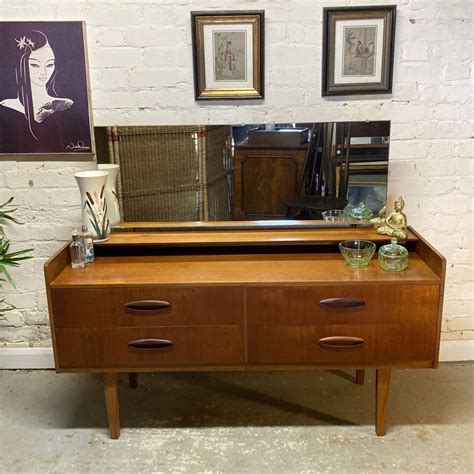 Vintage Teak Sideboard Dressing Table Mirror Tapered Leg Drawers Retro