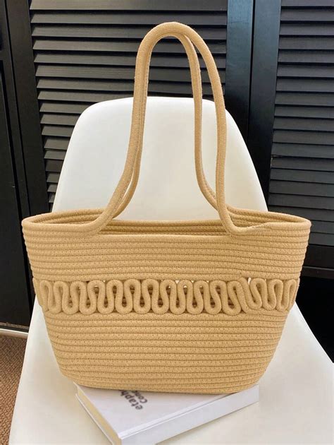 1pc Solid Color Woven Rope Tote Bag Fashionable Handmade Large