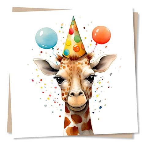 Cute Giraffe Happy Birthday Card Giraffe And Party Hat Illustration