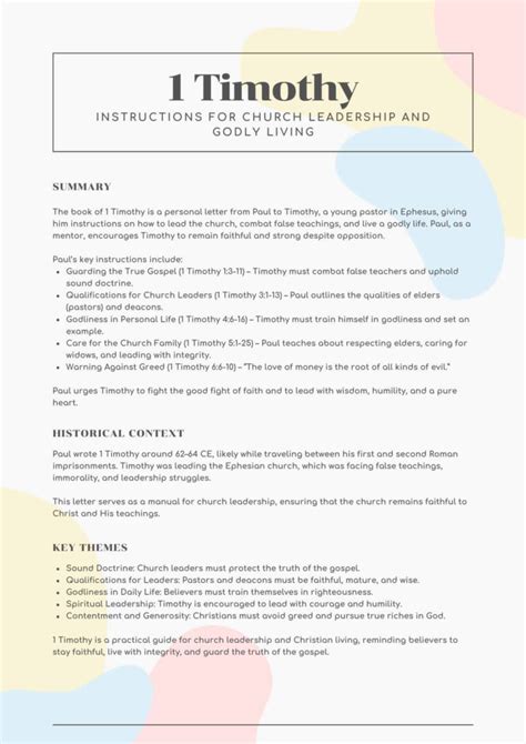 Timothy Bible Summary Sheet Printable Endurance And Passing On The