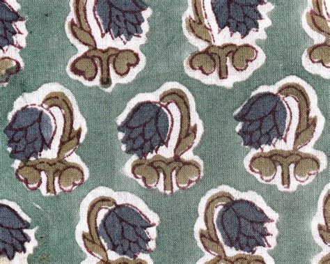 Basil Green Peacock Blue Indian Floral Hand Block Printed Pure