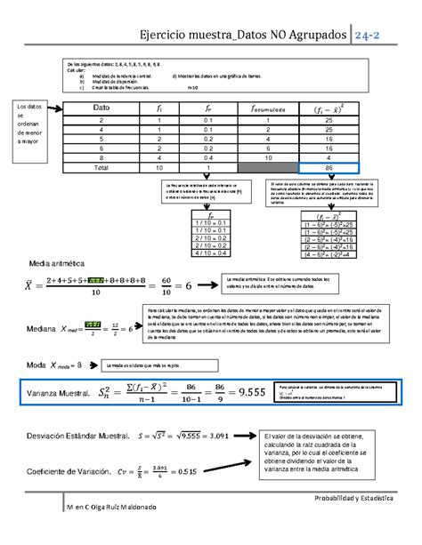 Ejercicio Muestra Datos NO Agrupados 24 2 𝑆𝑛 2 𝑓𝑖 𝑋 2 𝑛 1