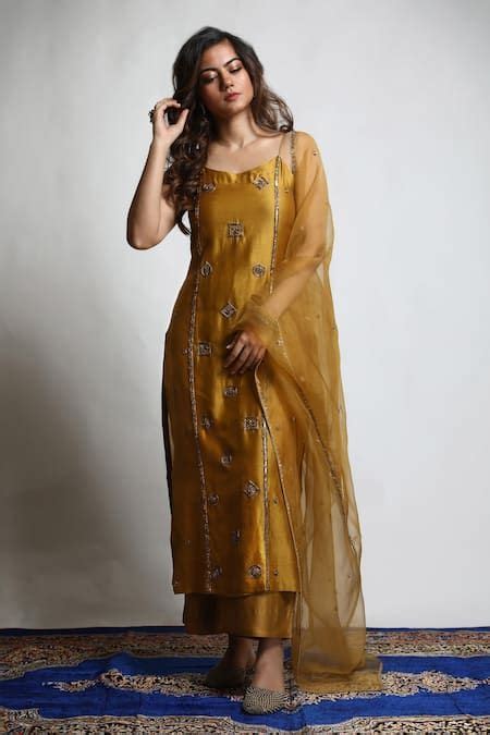 Buy Gold Kurta And Pant Dupion Silk Embroidered Zari Hand Straight Set