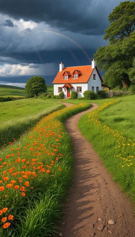 A Serene Countryside Scene During A Gentle Summer Rain A Cozy Cottage