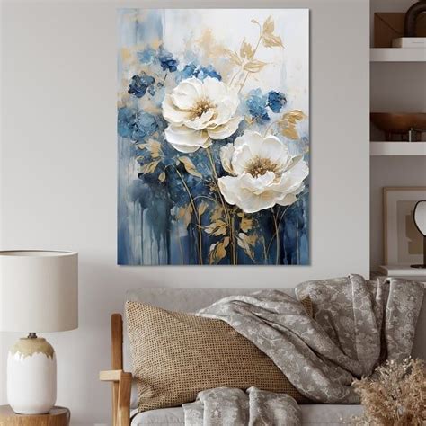 Designart Golden Blue And White Seasonal Flowers Dream I Seasonal