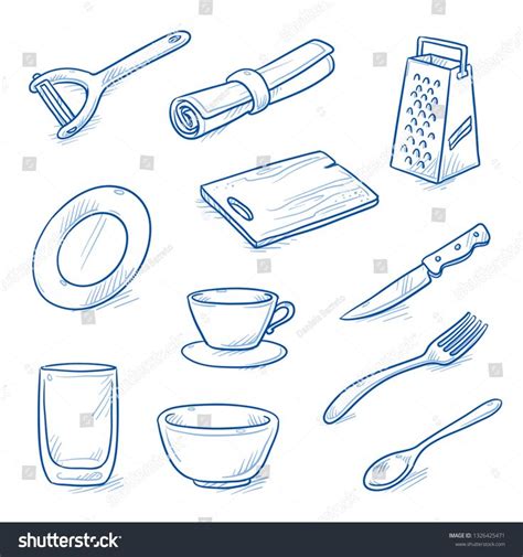 Set Kitchen Objects Dishes Peeler Serviette Stock Vector Royalty Free