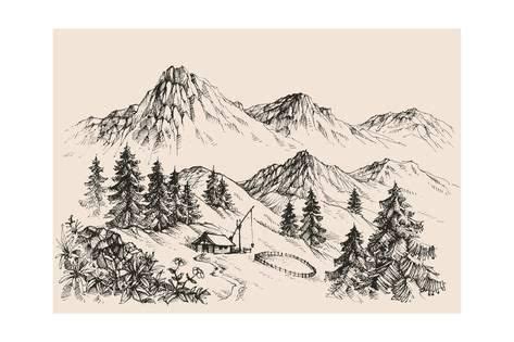 Art Print Mountains Landscape And A Sheepfold Farm Sketch By Danussa