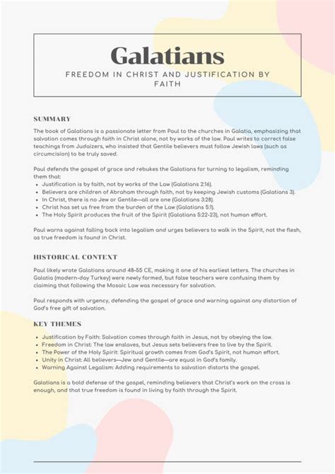 Galatians Bible Summary Sheet Printable Freedom Through Faith Not