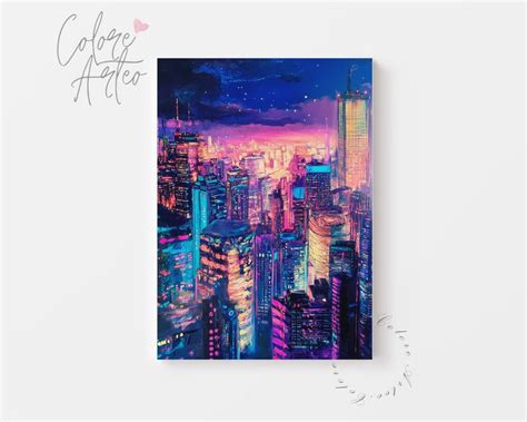 Moody Cyberpunk Streets Printable Futuristic Neon Cityscape Painting