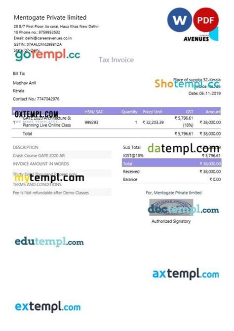 India Delhi Mentogate Private Limited Tax Invoice Editable Template In