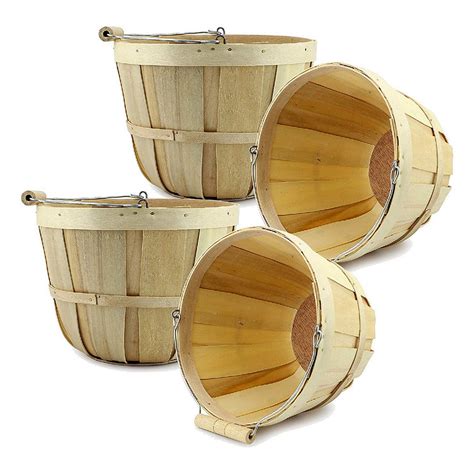 Round Wooden Baskets 4pk, Natural; Wood Apple Fruit Buckets w/ Handle ...