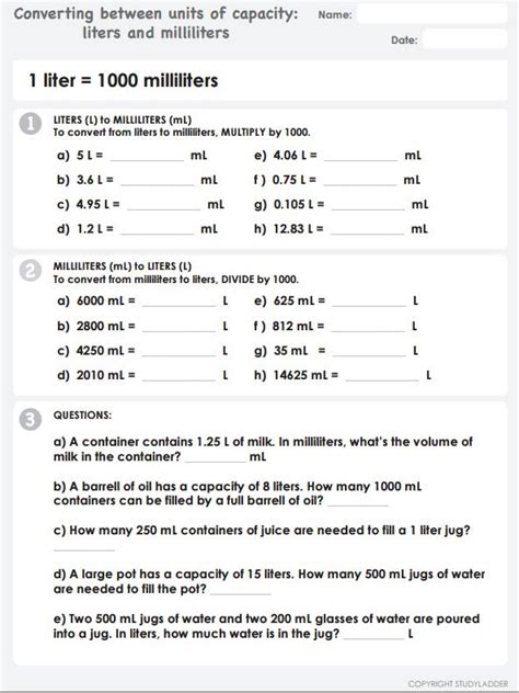 Liters Worksheets Grade