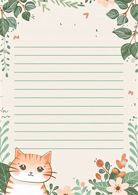 Cartoon Cat Letterhead With Flowers And Vines Page Borders Design