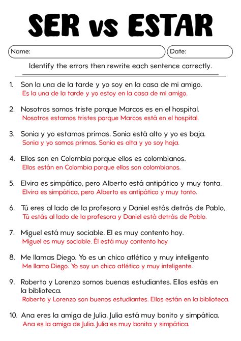 Ser Vs Estar Practice Sheet