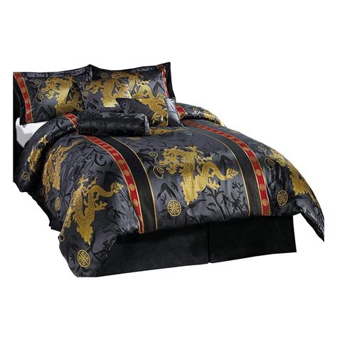 7 Piece Black Gold Red Comforter Set Palace Dragon Jacquard Quilt Set