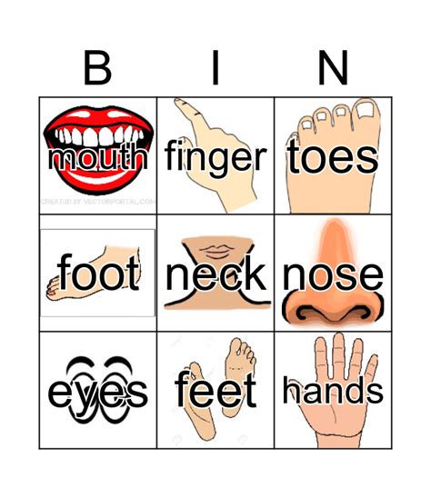 Body Parts Bingo Card