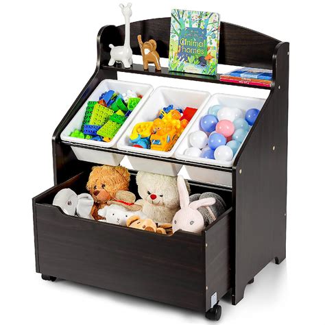 Costway Kids Wooden Toy Storage Unit Organizer w/Rolling Toy Box ...
