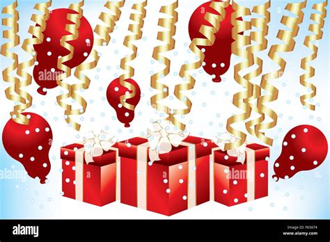 Red Gift Boxes And Red Balloons With Gold Confetti Stock Vector Image