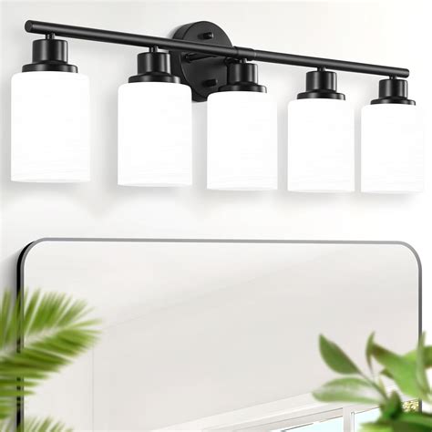 5 Light Black Bathroom Vanity Light With Frosted Glass Shades Matte