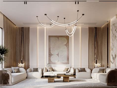 A Living Room With White Couches And Chandelier