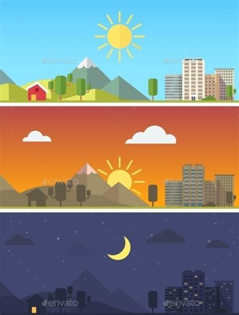 City And Rural Scenic Landscape In Flat Style Vector