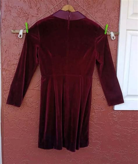 Burgundy Satin Trimmed Tuxedo Faux Wrap Long Sleeve Dress By Adrianna