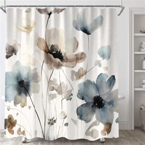 Boho Floral Extra Long Shower Curtain Cream Tan Beige Blue Grey White