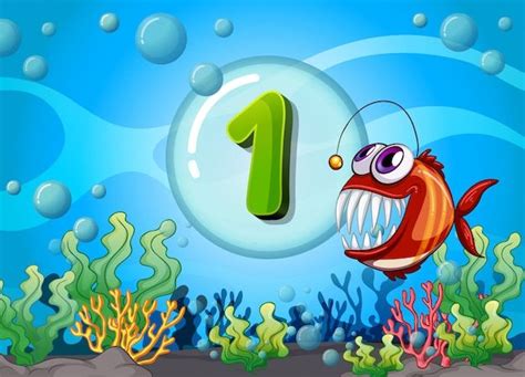 Flashcard number one with 1 fish underwater | Premium Vector | Nummer ...