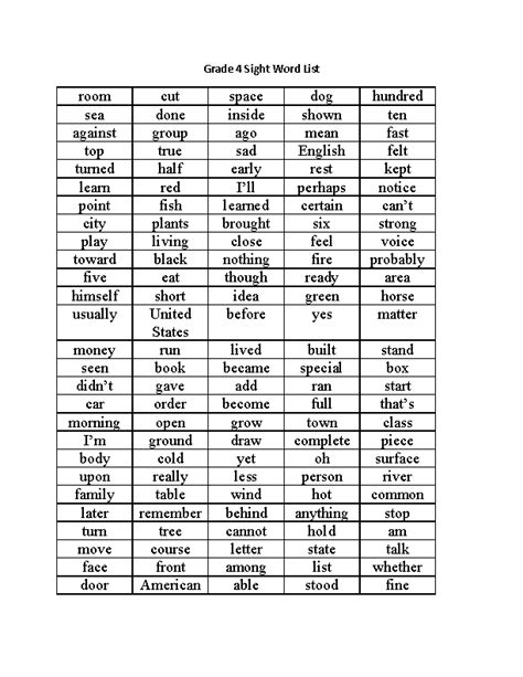 Fourth Grade Sight Word List