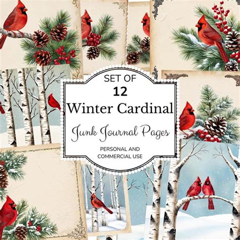 Printable Set Of Winter Botanical Cardinal Junk Journal Pages