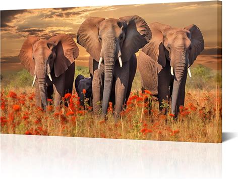 Aaberic African Elephants Canvas Wall Art Sunset Elephants Pictures