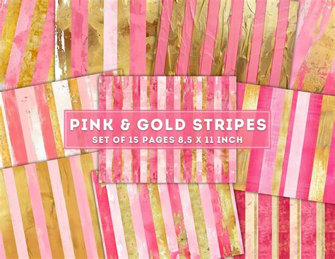 Pink Gold Stripes Digital Paper Striped Junk Journal Pages Vintage