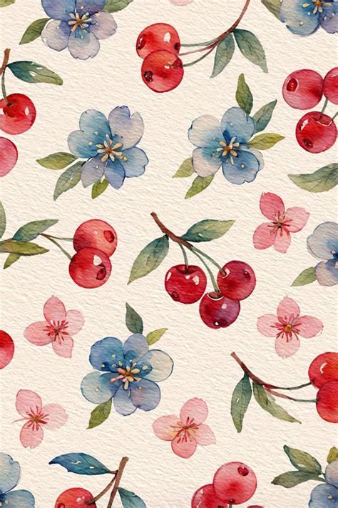 Juicy Cherry And Tiny Flowers Watercolor Pattern Watercolor Pattern