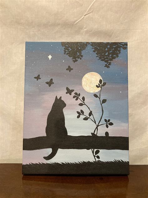 Cat Silhouette Staring At Moon Acrylic Painting Etsy Mini Canvas